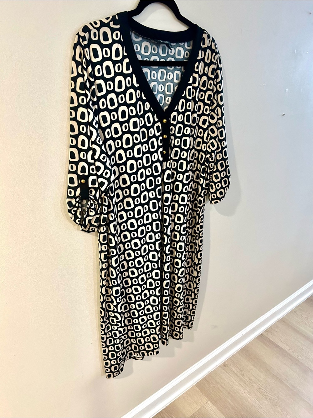 Black and White Geometric V-Neck Dress